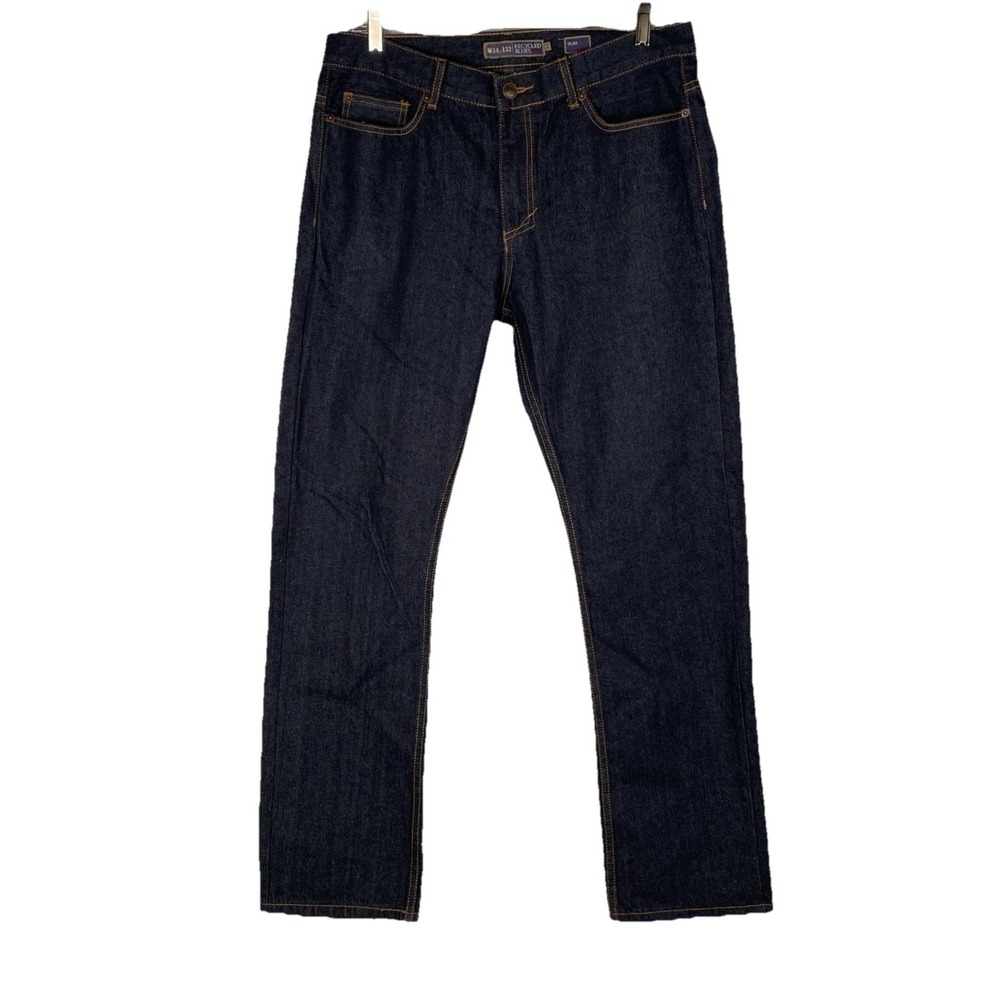 Men's Recycled Blues Denim Jeans Dark Blue 34x32 Slim Embroidered Back Pocket